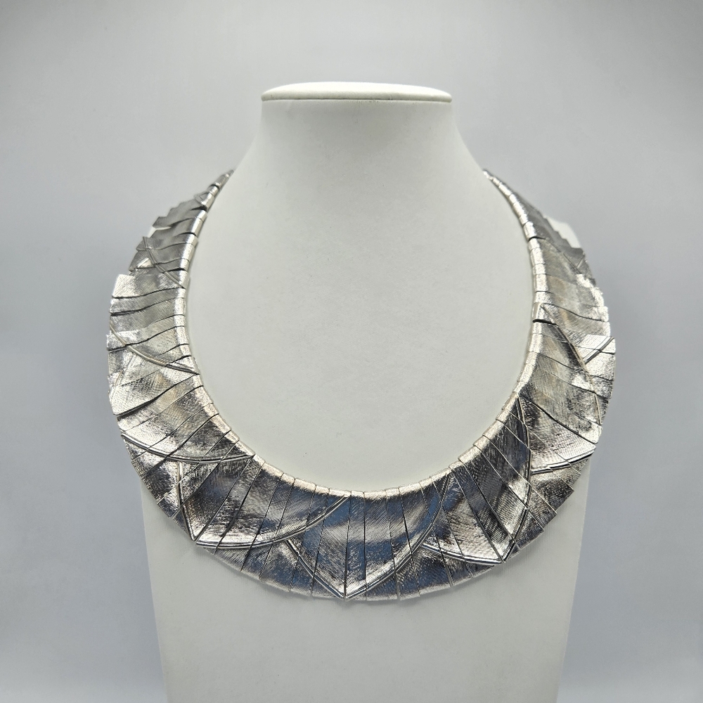 Les Bernard Choker Collar Necklace Egyptian Revival Silvertone Chunky Statement